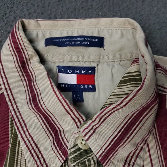 Vintage 90s Tommy Hilfiger Button Shirt Mens L Large Striped Long Sleeve y2K - Picture 2 of 8